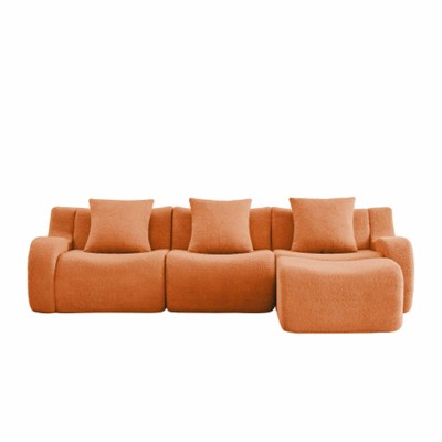 Aukfa Modular Teddy Fabric Sofa,Convertible Modular Sectional Sofa Set with Ottoman, 3-Seats Soft Boneless Design for Living Room, Orange