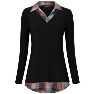WhizMax Women's Long Sleeve Contrast Collared Shirts Patchwork Work Blouse Tunics Tops - 1 of 4