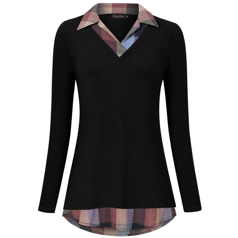 WhizMax Women's Long Sleeve Contrast Collared Shirts Patchwork Work Blouse Tunics Tops, 1 of 7