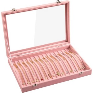 Lockable Necklace Organizer with 15 Hooks, Beige Velvet Tray and Clear Lid for Pendants and Chains, Jewelry Storage Box - 1 of 4