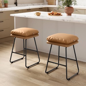 Set of 2 Modern Counter Height Bar Stools, Faux Leather Upholstery with Soft Cushion & Metal Sled Base, 25.6 Inch - 1 of 4