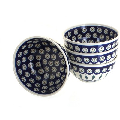 Blue Rose Polish Pottery Peacock 4 Piece Dessert Bowl Set