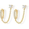 Gold Plated Sterling Silver Double Piercing Chain Earrings - Dangle Huggie Hoops with CZ Studs - 2 of 4