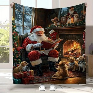 Lomsoe Vintage Christmas Santa and Cat Print Flannel Blanket - All Seasons Soft and Warm Perfect for Living Room Decor, Sofa, Bed, Travel - 1 of 4