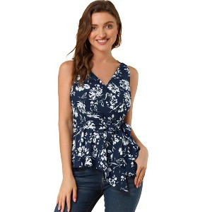 Allegra K Women's Sleeveless V Neck Tie Waist Asymmetric Hem Wrap Peplump Tops - 1 of 4