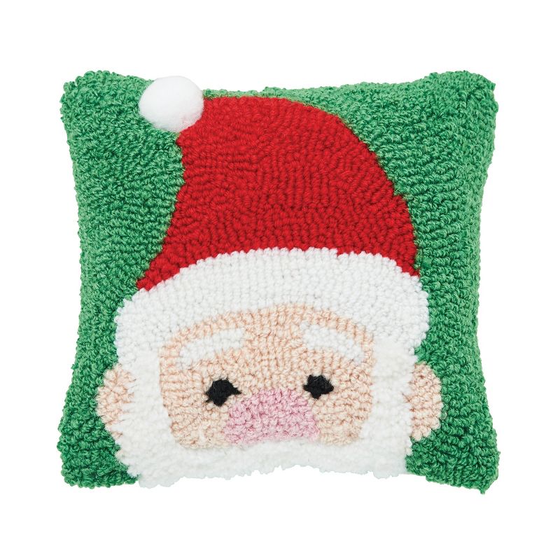 C&F Home 8" x 8" Christmas Peek-A-Boo Santa on Green Background Petite Accent Hooked Throw Pillow, 1 of 6