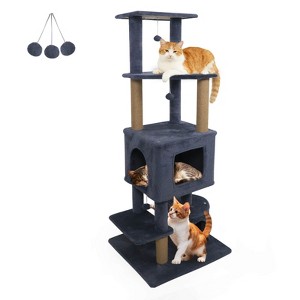 Costway 64” Tall Cat Tree with 2 Large Condos, Jute Scratching Posts, Plush Top Perch Beige/Dark Gray/Light Gray - 1 of 2