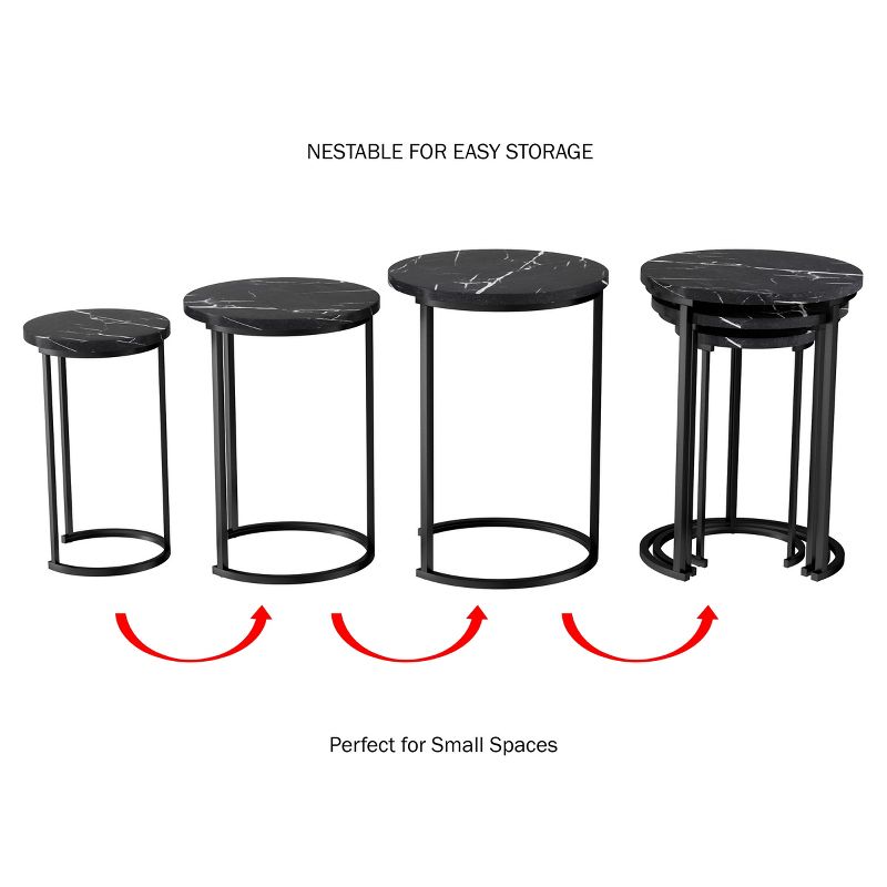 Hasting Home Set of 3 Round Living Room End Tables – Modern Faux Marble Top and Black Metal Base Nesting Tables or Nightstands, 5 of 9