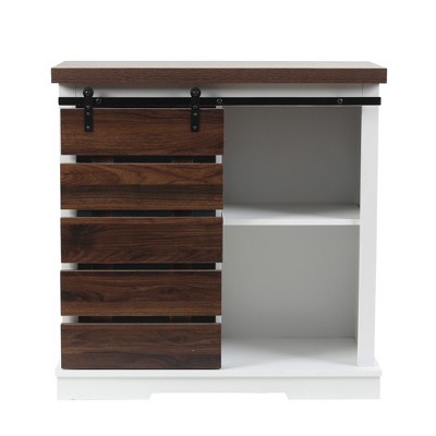White and Dark Brown Wood Sliding Door Storage Cabinet