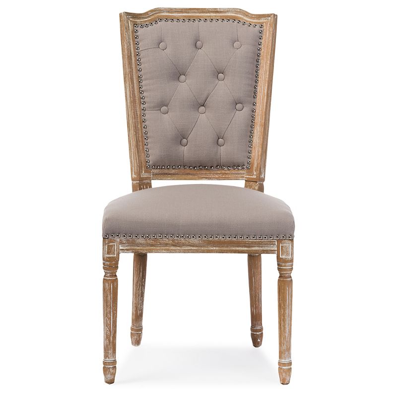 Estelle Chic Rustic French Country Cottage Weathered Oak Beige Fabric Button-tufted Upholstered Dining Chair - Baxton Studio, 3 of 9