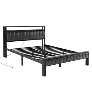 Amerlife Platform Bed Frame LED Bed Frame with PU Leather & Charging Station - 1 of 4