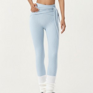 Anna-Kaci Active Women's Ribbed Knit High Waist Leggings with Wrap Tie Waistband and Contrast Cuffed Hem - 1 of 4