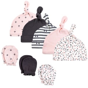 Hudson Baby Infant Girl Cotton Cap and Scratch Mitten Set, Berry Floral, 0-6 Months - 1 of 4