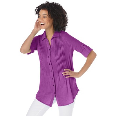 Woman Within Plus Size Pintucked Button Down Gauze Shirt