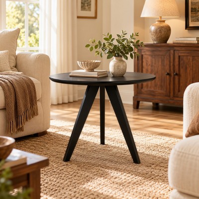 Round Solid Wood Side Table with Sculptural Pedestal Base, Modern ...