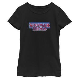 Girls Stranger Things Classic Logo Bright Blue Outline T Shirt - 1 of 4