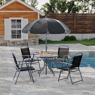 6 Pieces Outdoor Dining Set With Umbrella, Patio Table and 4 Folding Chairs With Umbrella, Garden Patio Furniture Set With Umbrellas, for Patio
