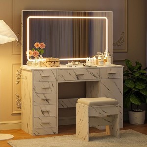 Acekool Black Vanity Desk with Mirror and Lights, 7 Drawers, 3-Color LED, Charging Station, Hairdryer Holder, Upholstered Stool - 1 of 4