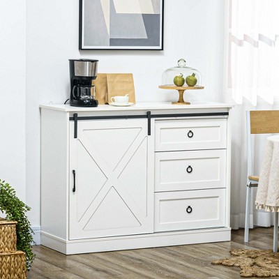 Farmhouse Chic White Kitchen Buffet Cabinet with Sliding Barn Door
