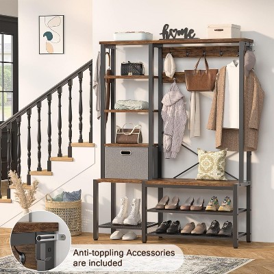 Aheaplus Hall Tree with Fabric Storage Basket, 6 In 1 Coat Rack with side Hook,LED light