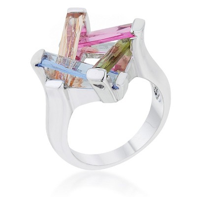 Slickblue Stylish Multicolor Cocktail Ring, 10ct Cubic Zirconia, Rhodium-Plated, Geometric Fashion Design, Sizes 5-10