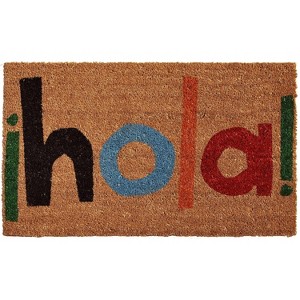HomeRoots 17" X 29" Natural Blue and Black Coir Hola Outdoor Door Mat - 1 of 3