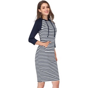 Women 3/4 Sleeve Stripe Pocket Knee Length Slim Pullover Hoodie Dress for Women - 1 of 4