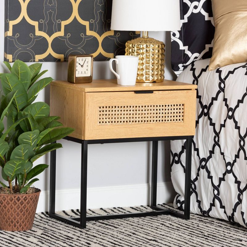 Sawyer Wood and Metal 1 Drawer End Table with Natural Rattan Oak Brown/Black - Baxton Studio, 5 of 11