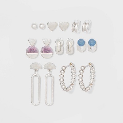 Semi-Precious Blue Aventurine and Lilac Lepidolite Stud Earring Set 8pc - Universal Thread™ Silver