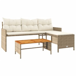 vidaXL L-Shaped Patio Sofa with Cushions and Acacia Wood Coffee Table - Beige Poly Rattan Outdoor Lounge Set for Garden, Terrace, Deck - 1 of 4