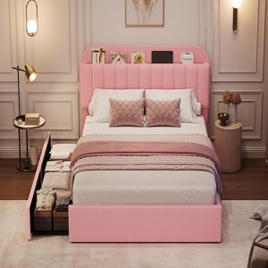 Bed Frame with 2 Flexible Drawers and Bookcase Headboard, Boucle Upholstered Platform Bed Easy Assembly, No Box Spring Needed - 1 of 4