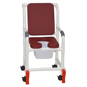 MJM International Corporation Shower Chair 18 In Width 3 In Burgandy Cushion Paddad Back 10 Qt Slide Out Commode Pail Front Anti-Tippers 300 Lbs Wt - 1 of 1