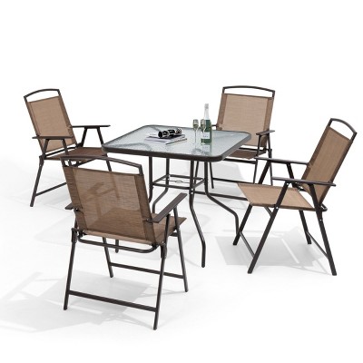 Crestlive Products 5 Piece Patio Dining Set with 4 Folding Chairs and Table Outdoor Dining Furniture with Square Glass Tabletop