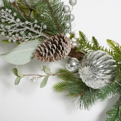 Faux Snowy Pine Garland with Silver Ornaments and LED Lights