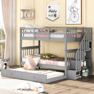 NicBex Twin over Twin Bunk Bed Convertible Pine Triple Bed Frame with Trundle, Storage Stairs and Full Length Guardrail, No Box Spring Required - 1 of 3