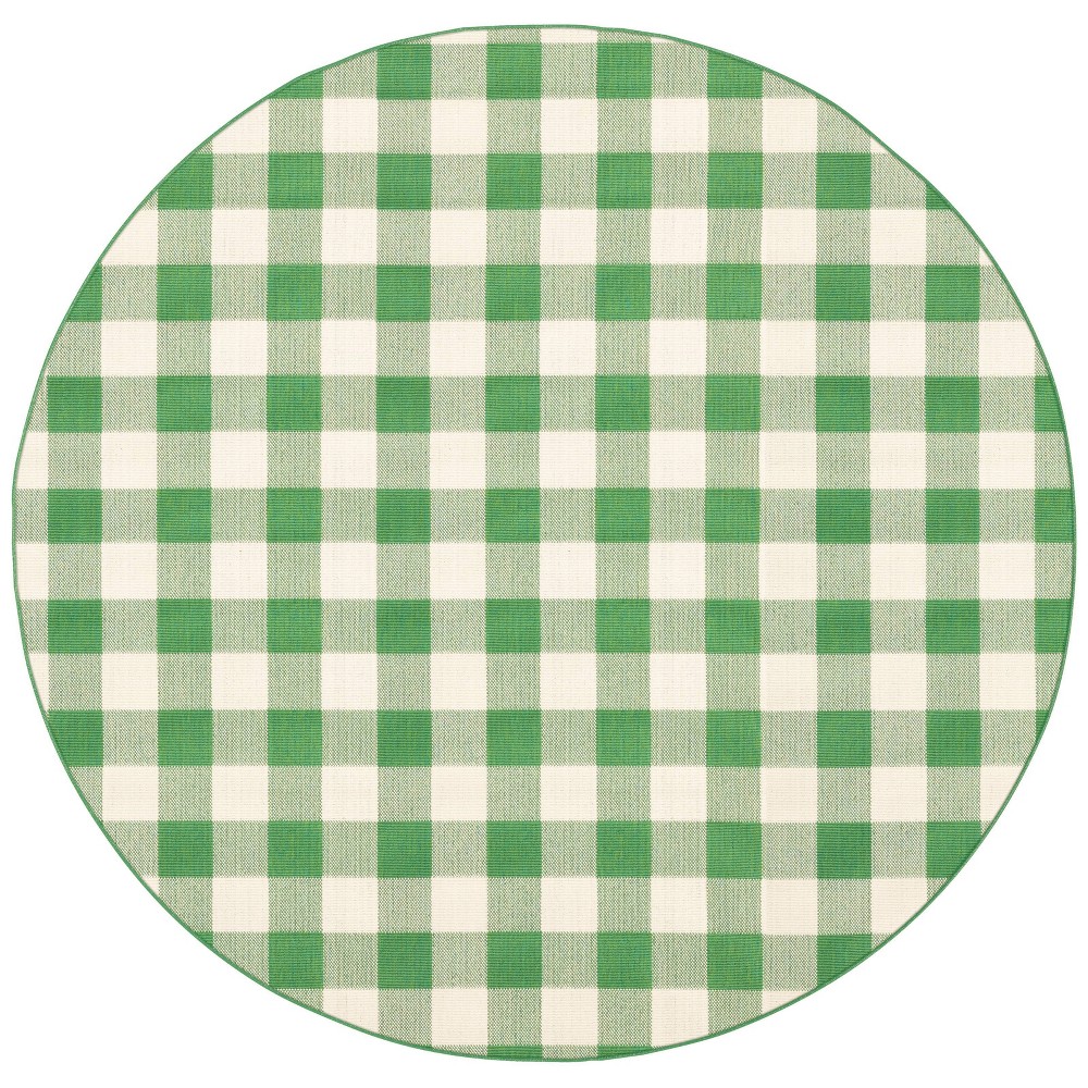 7'10in Round Madeline Plaid Check Rug Green/Ivory - Captiv8e Designs