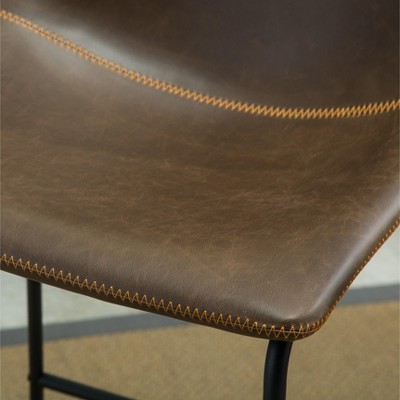 Antique Brown Leather and Metal Counter Height Stools, Set of 2