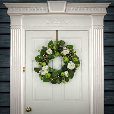 24" Green and White Artificial Rose and Apple Spring Wreath