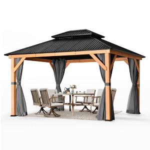 HAPPATIO 11' × 13' Wood Gazebo, Outdoor Hardtop Gazebo with Mosquito Nets and Curtains - 1 of 4