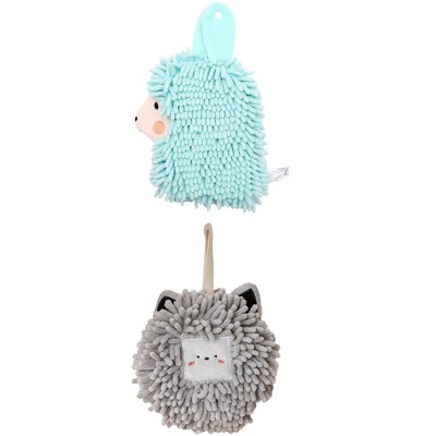 REGALWOVEN Absorbent Soft Chenille Cartoon Alpaca Fuzzy Ball Bathroom Hanging Hand Towels 7" x 7"/7" x 11" 2 Pcs