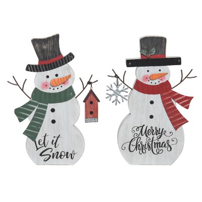 Transpac Wooden Snowman Block Decor Set of 2 Christmas Home Decorations