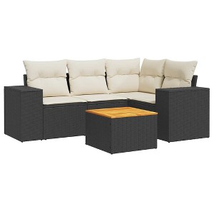vidaXL Patio Sofa Set with Cushions Outdoor Furniture 5 Piece Poly Rattan - Black and Cream - 1 of 4