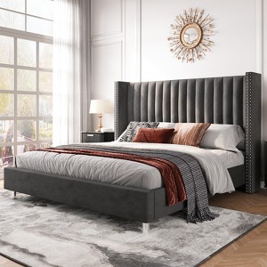 Bed Frame Upholstered Bed Wingback Headborad Velvet Channel Tufted - 1 of 4