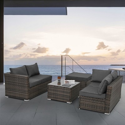 CAVINAS Outdoor Patio Furniture Set, Pe Wicker Balcony Furniture, 4-Piece Patio Couch with Tempered Glass Coffee Table for Balcony, Garden