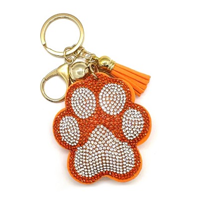The Mardi Gras Krewe Bling Paw Print Keychain | Orange and Silver Rhinestone Charm | Bag Clip Tiger Paw