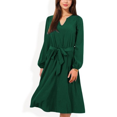 Anna-Kaci Women's Long Sleeve V-Neck Midi Dress with Waist Tie and Gathered Details