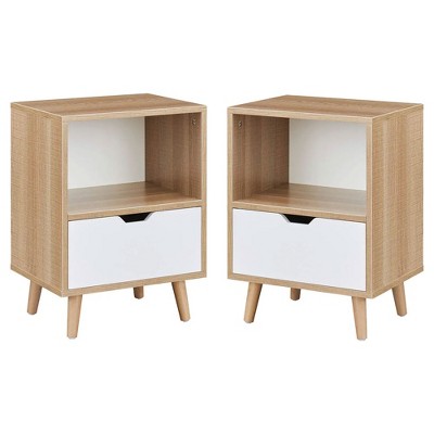 Sweetgo Modern Wooden Bedroom 2-Tier Nightstand End Side Table with Open Shelf, 4 Anti-Slip Rubber Padded Legs, & 1 Storage Drawer, Tan, Set of 2