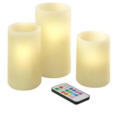 LumaBase Battery-Operated Multifunction Wax LED Candles, Round - Set of 3