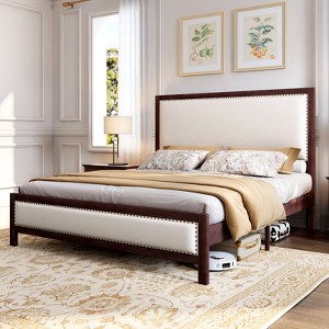 AMERLIFE Upholstered Solid Wood Bed Frame with Linen Headboard & Footboard Nailhead Trim - 1 of 4
