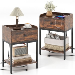 Tangkula 2 PCS Nightstand Side End Table w/ Charging Station Drawer Open Shelf - 1 of 4